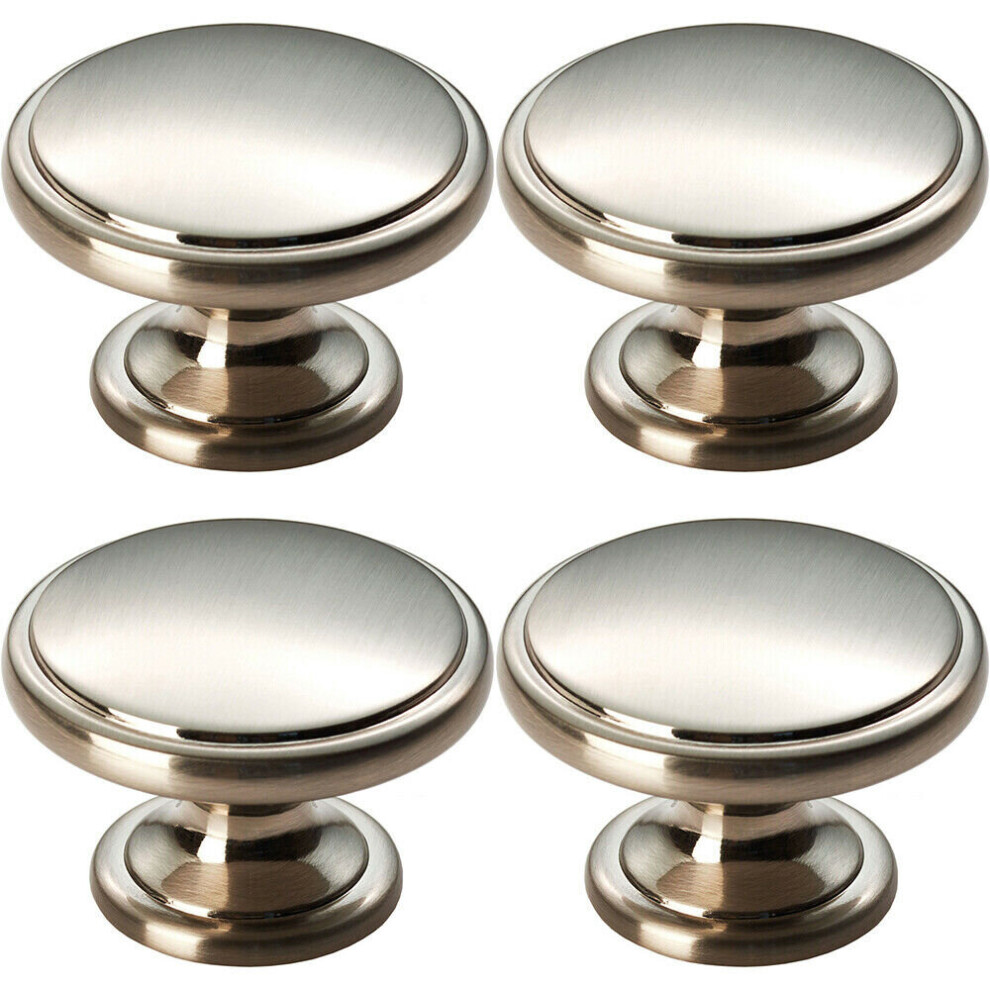 4x Ring Domed Cupboard Door Knob 38.5mm Diameter Satin Nickel Cabinet Handle