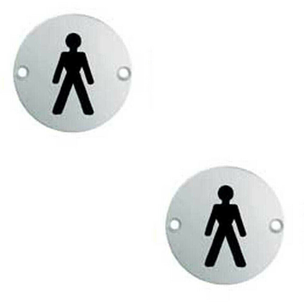 Loops 2X Bathroom Door Male Symbol Sign 64Mm Fixing Centres 76Mm Dia Polished Steel