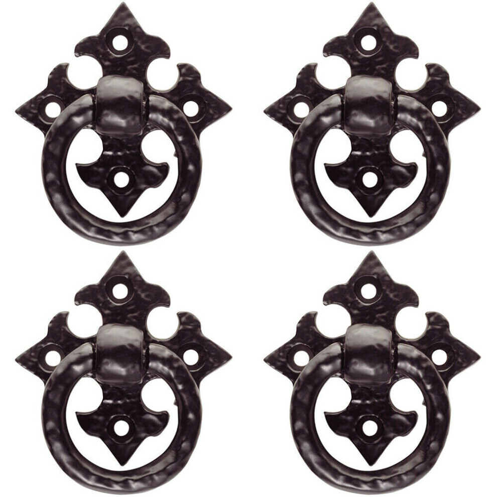 4x Ornate Cabinet Ring Pull on Cross Backplate 35mm Fixing Centres Black Antique