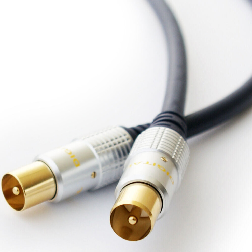 2M Gold Male Aerial Cable Lead Fly Coax To RF Plug Digital Coaxial Freeview + TV