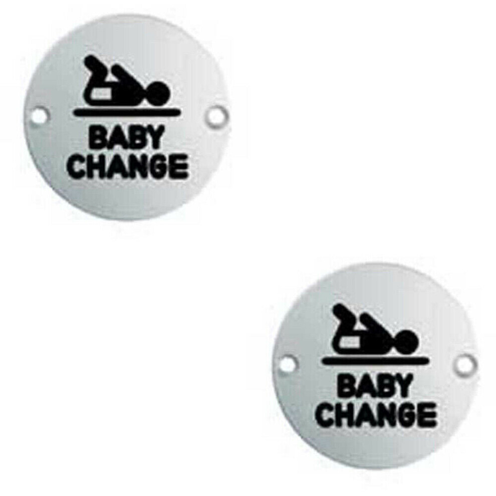 2x Bathroom Door Baby Change Sign 64mm Fixing Centres 76mm Dia Polished Steel