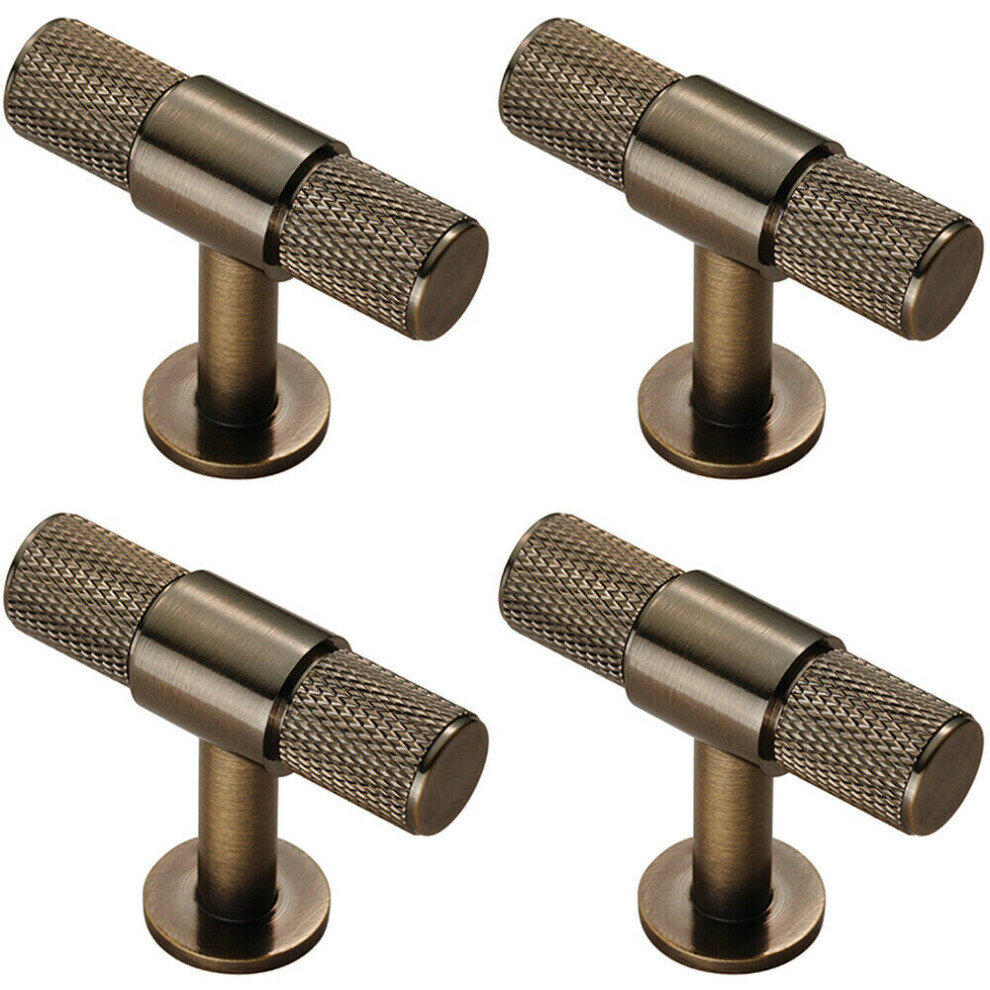 4x Knurled Cupboard T Shape Pull Handle 50 x 13mm Antique Brass Cabinet Handle