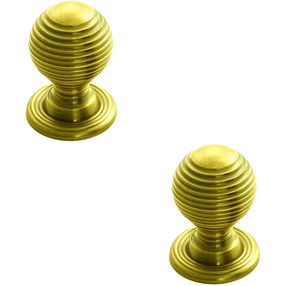 2x Textured Reeded Ball Cupboard Door Knob 28mm Dia Polished Brass Handle