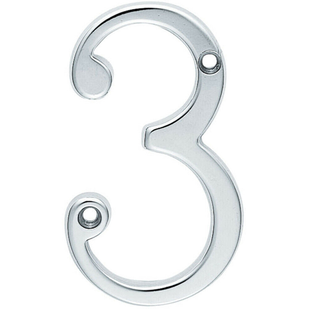 Satin Chrome Door Number 3 - 75mm Height 4mm Depth House Numeral Plaque