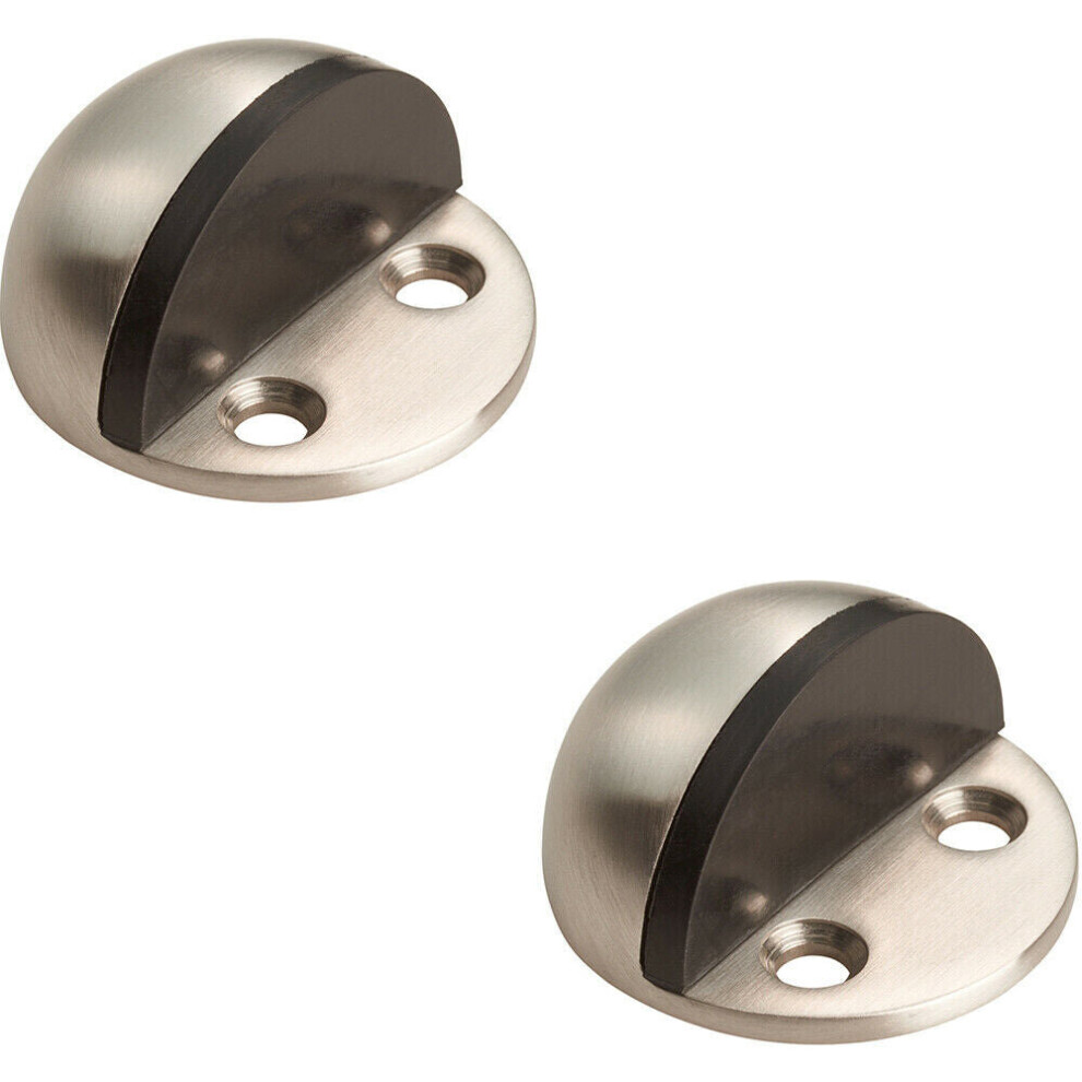 2x Small Floor Mounted Half Moon Doorstop Rubber Buffer 44mm Dia Satin Steel