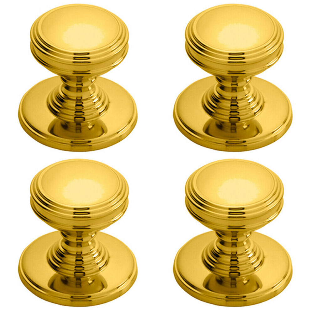 4x Ringed Tiered Cupboard Door Knob 25mm Diameter Polished Brass Cabinet Handle