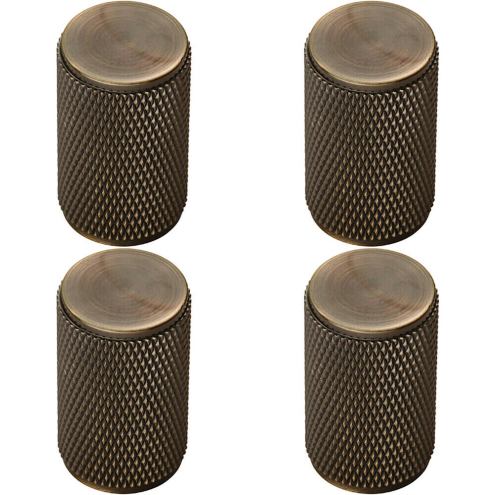 4x Knurled Cylindrical Cupboard Door Knob 18mm Dia Antique Brass Cabinet Handle