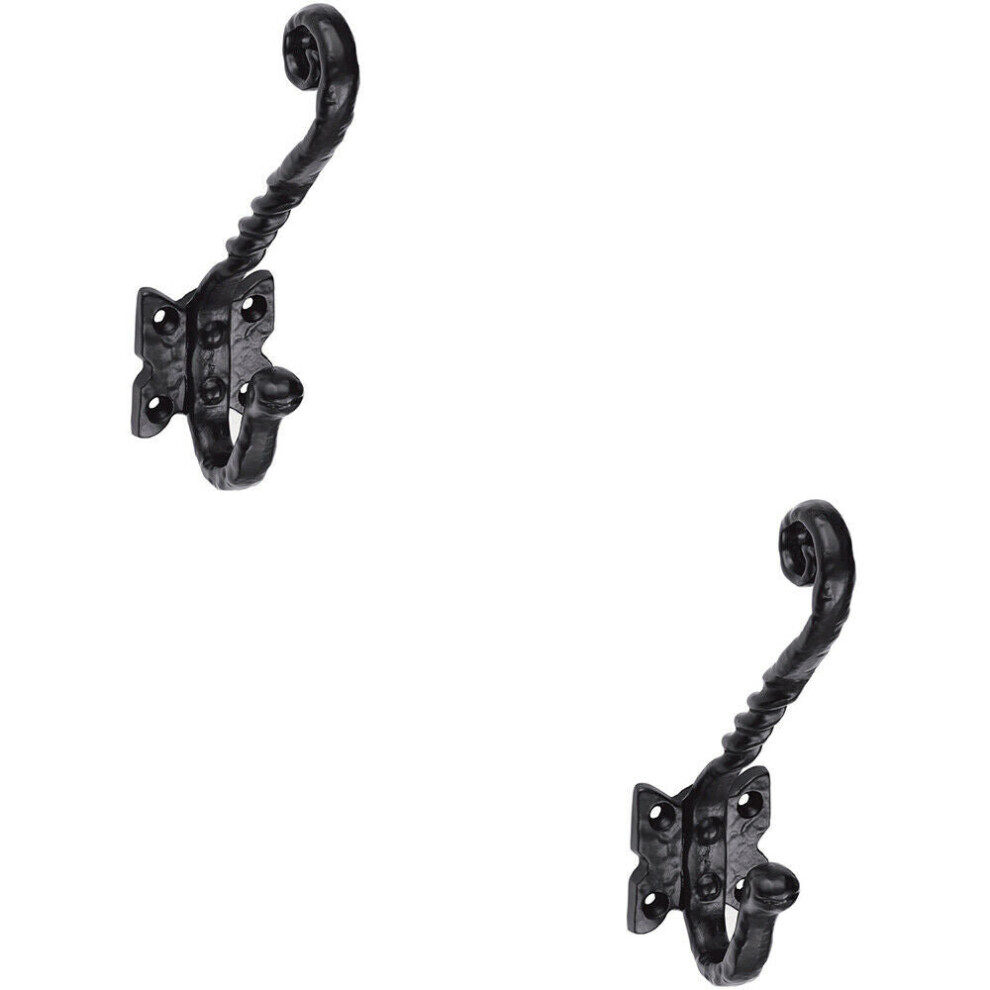 2x Ornate Twisted Hat & Coat Hook on Butterfly Backplate 82mm Proj Black Antique