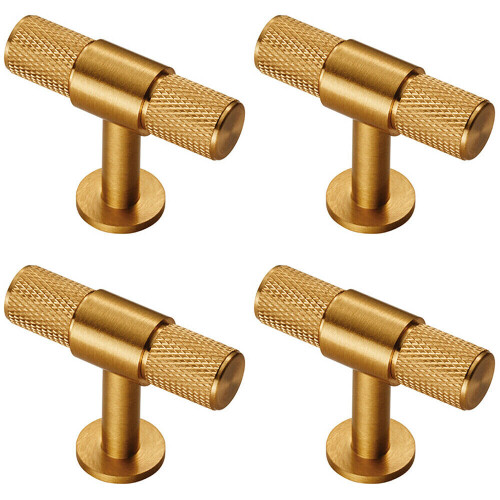 Loops 4x Knurled Cupboard T Shape Pull Handle 50 x 13mm Satin Brass Cabinet Handle