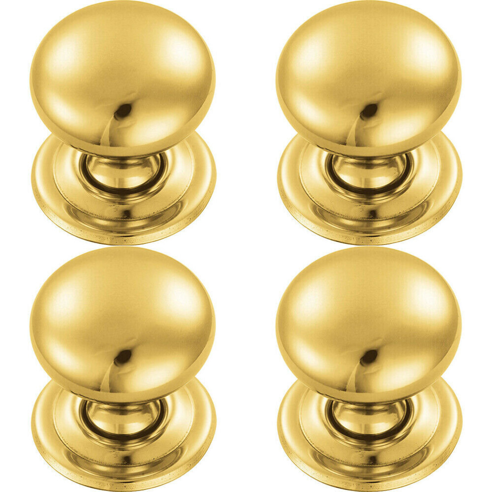 4x Round Victorian Cupboard Door Knob 32mm Dia Polished Brass Cabinet Handle