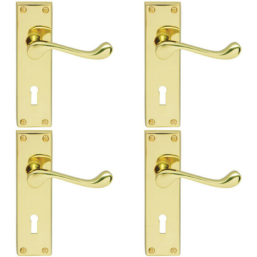 4x Victorian Scroll Lever on Rectangular Lock Backplate 155 x 41mm Brass