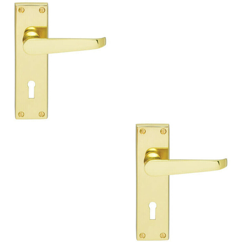 2x PAIR Victorian Flat Lever on Lock Backplate Handle 150 x 42mm Polished Brass