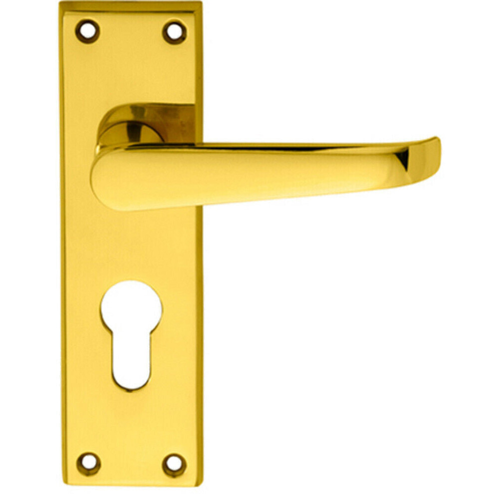 PAIR Straight Victorian Lever on Euro Lock Backplate 150 x 43mm Polished Brass