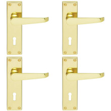 4x PAIR Victorian Flat Lever on Lock Backplate Handle 150 x 42mm Polished Brass