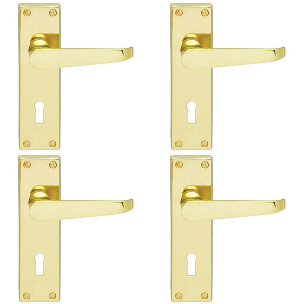 4x PAIR Victorian Flat Lever on Lock Backplate Handle 150 x 42mm Polished Brass