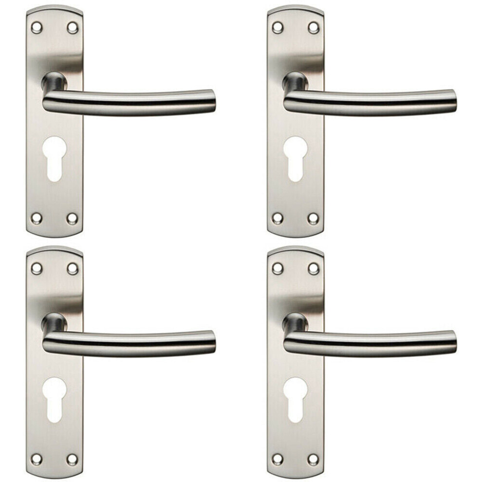 4x Curved Bar Lever Door Handle on Euro Lock Backplate 172 x 44mm Satin Steel