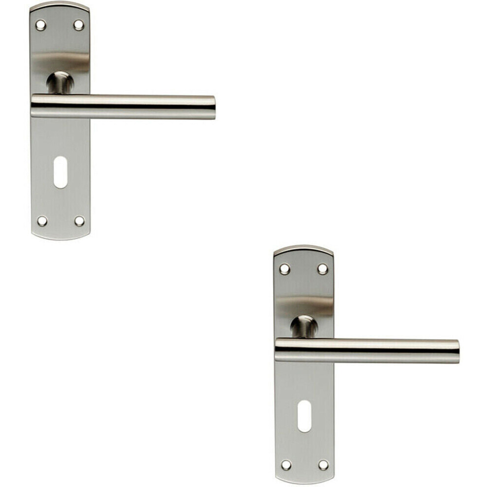 2X Mitred T Bar Lever Door Handle On Lock Backplate 172 X 44Mm Satin Steel 5056492592504