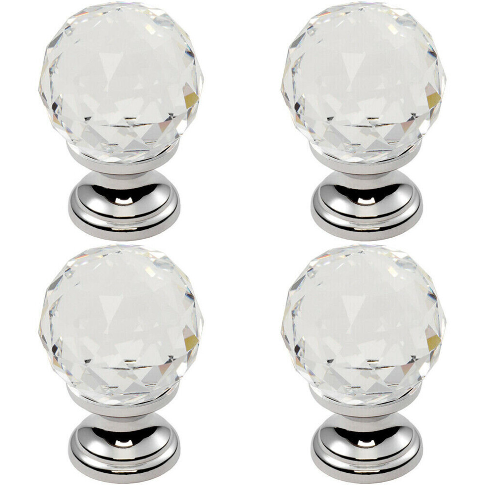 4x Faceted Crystal Cupboard Door Knob 31mm Dia Polished Chrome Cabinet Handle