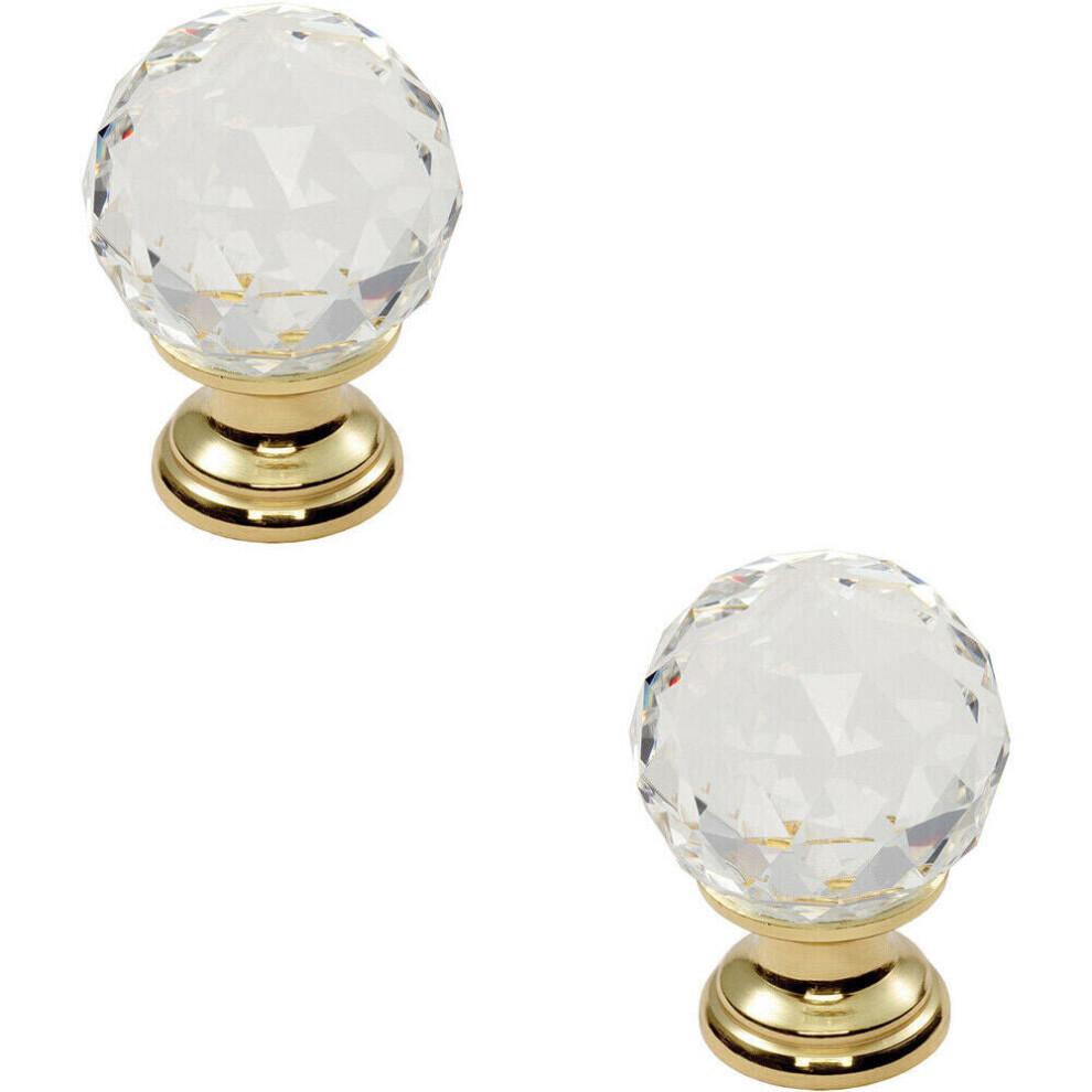 2X Faceted Crystal Cupboard Door Knob 25Mm Dia Polished Brass Cabinet Handle 5056492592009
