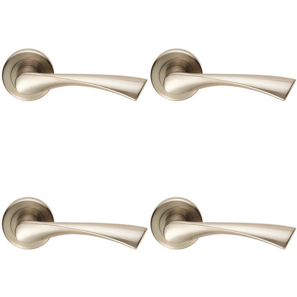 New Loops 4X Pair Angular Twisted Handle On Round Rose Concealed Fix Satin Nickel Door-Lever-Rose-Internal-Concealed-Hardware-Set Size 4