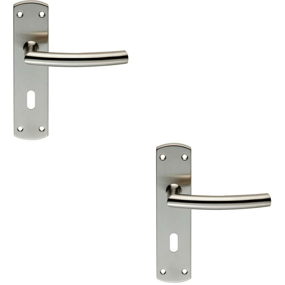 2x Curved Bar Lever Door Handle on Lock Backplate 172 x 44mm Satin Steel