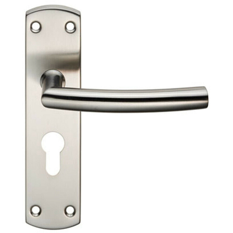 Loops Curved Bar Lever Door Handle On Euro Lock Backplate 172 X 44Mm Satin Steel