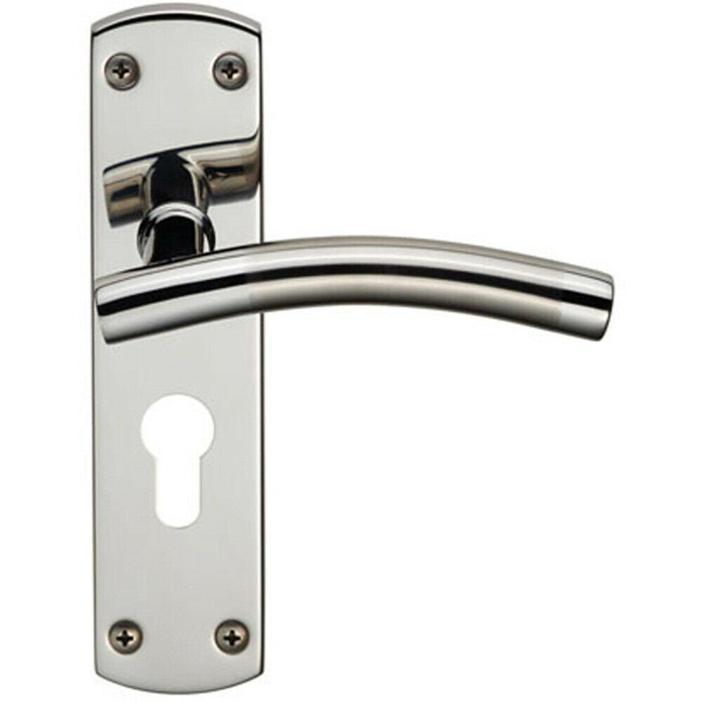 Curved Lever on Euro Lock Backplate Handle 172 x 44mm Polished & Satin Steel