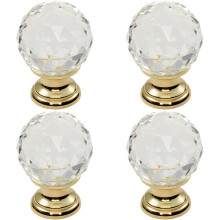 4x Faceted Crystal Cupboard Door Knob 31mm Dia Polished Brass Cabinet Handle