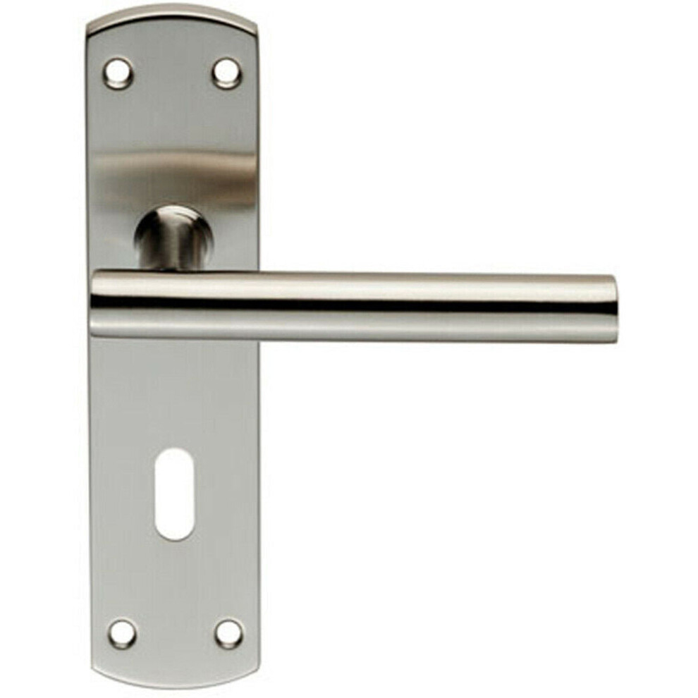 Mitred T Bar Lever Door Handle on Lock Backplate 172 x 44mm Satin Steel