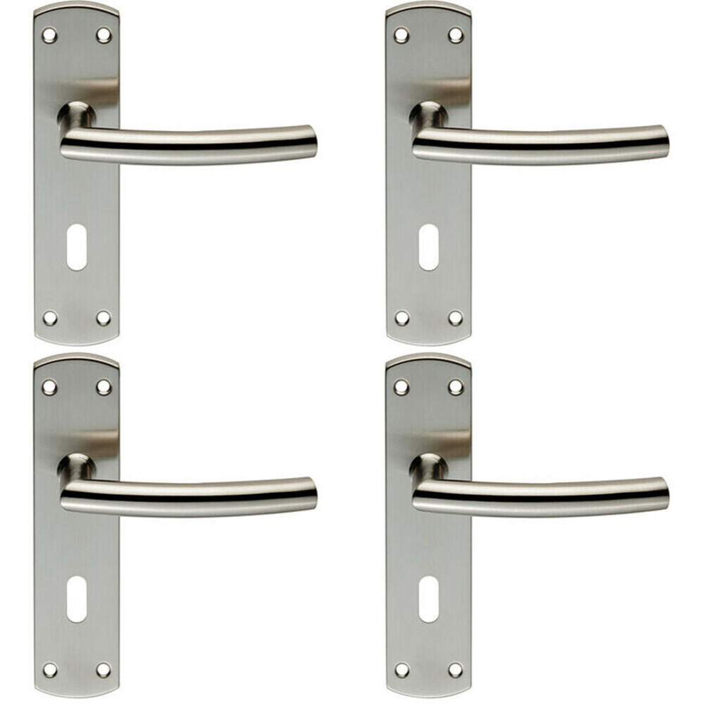 4X Curved Bar Lever Door Handle On Lock Backplate 172 X 44Mm Satin Steel