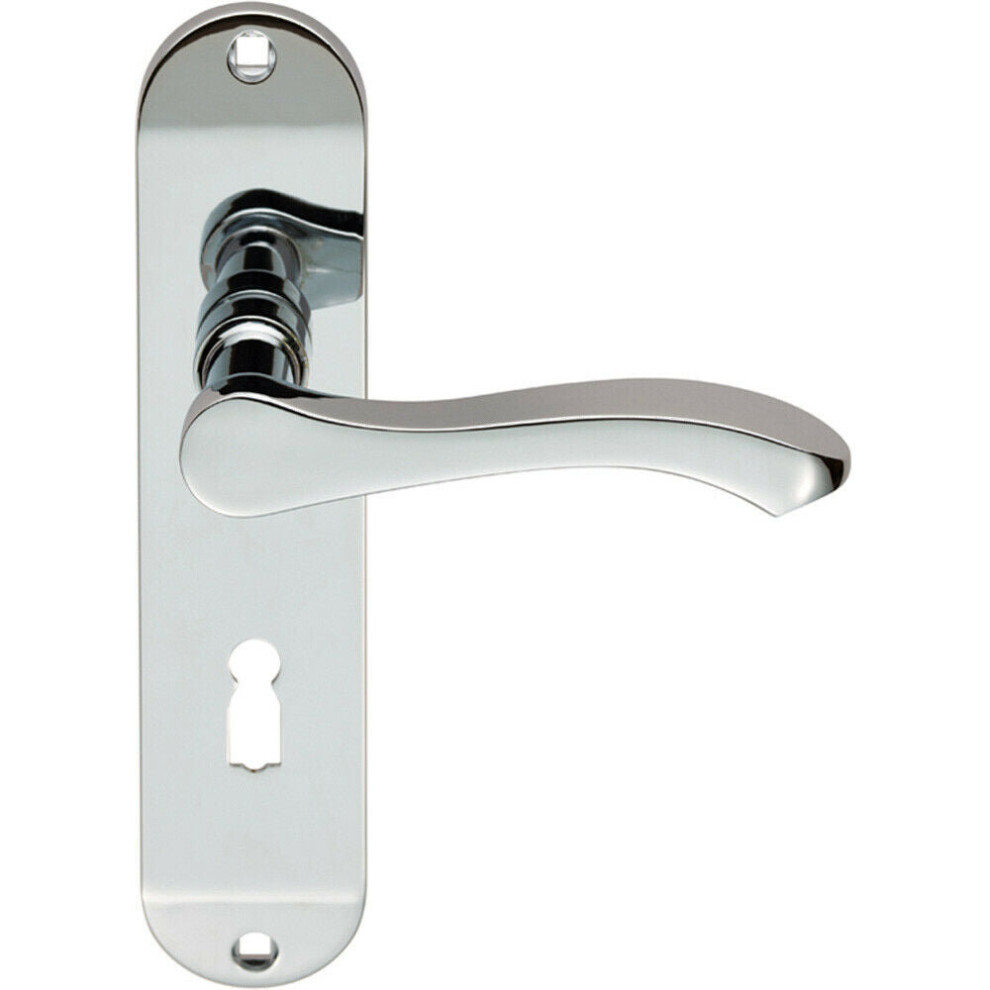 PAIR Scroll Lever Door Handle on Lock Backplate 180 x 40mm Polished Chrome