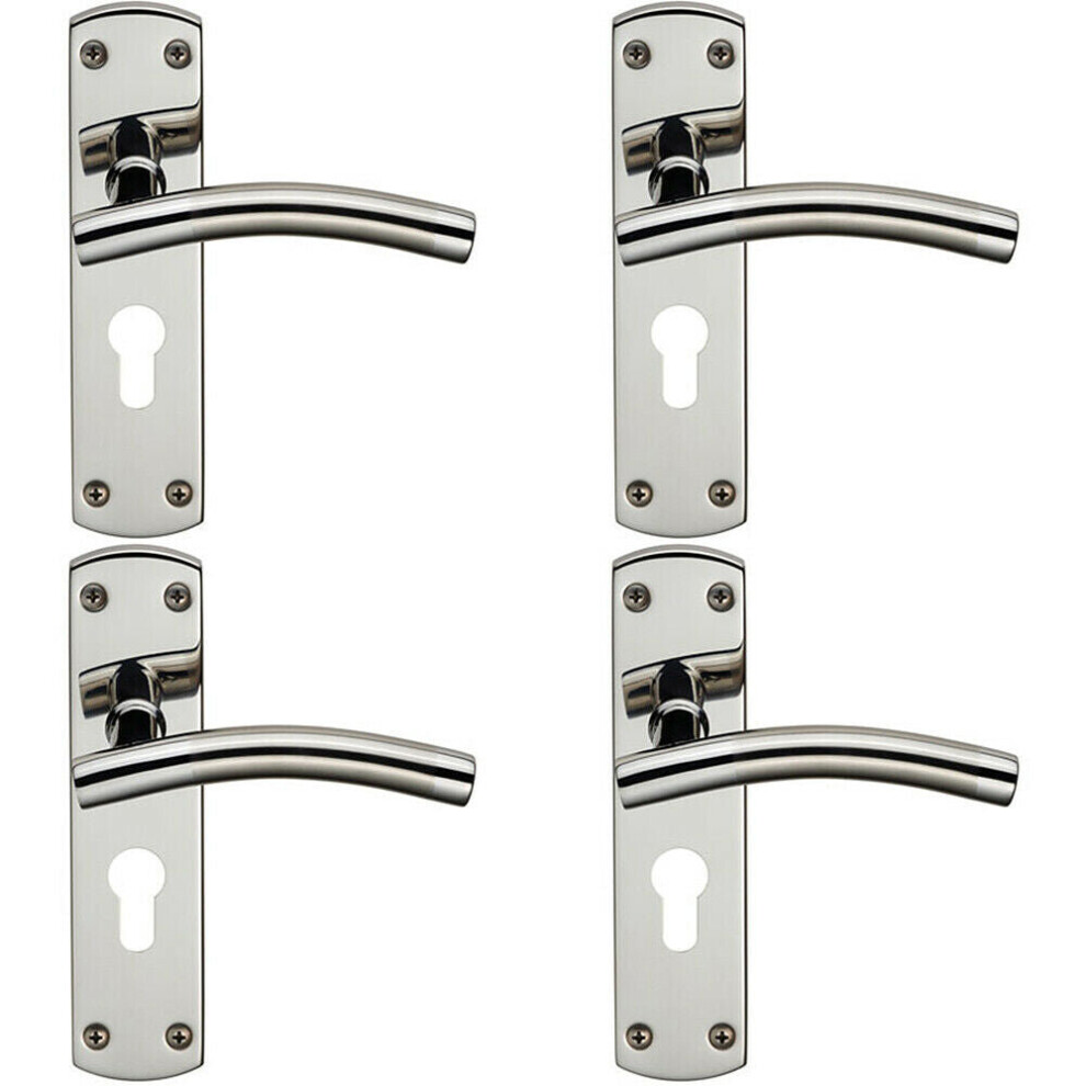 4x Curved Lever on Euro Lock Backplate Handle 172 x 44mm Polished & Satin Steel