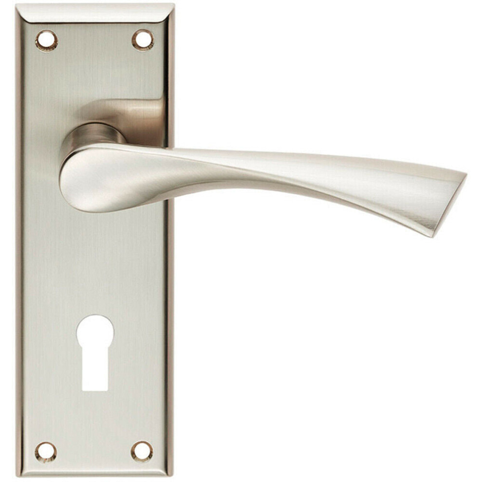 Pair Angular Lever On Lock Backplate Door Handle 150 X 50Mm Satin Nickel