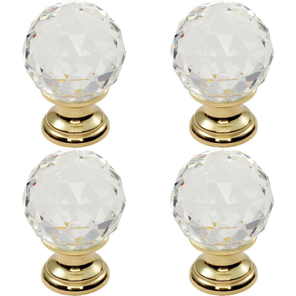 Loops 4X Faceted Crystal Cupboard Door Knob 25Mm Dia Polished Brass Cabinet Handle