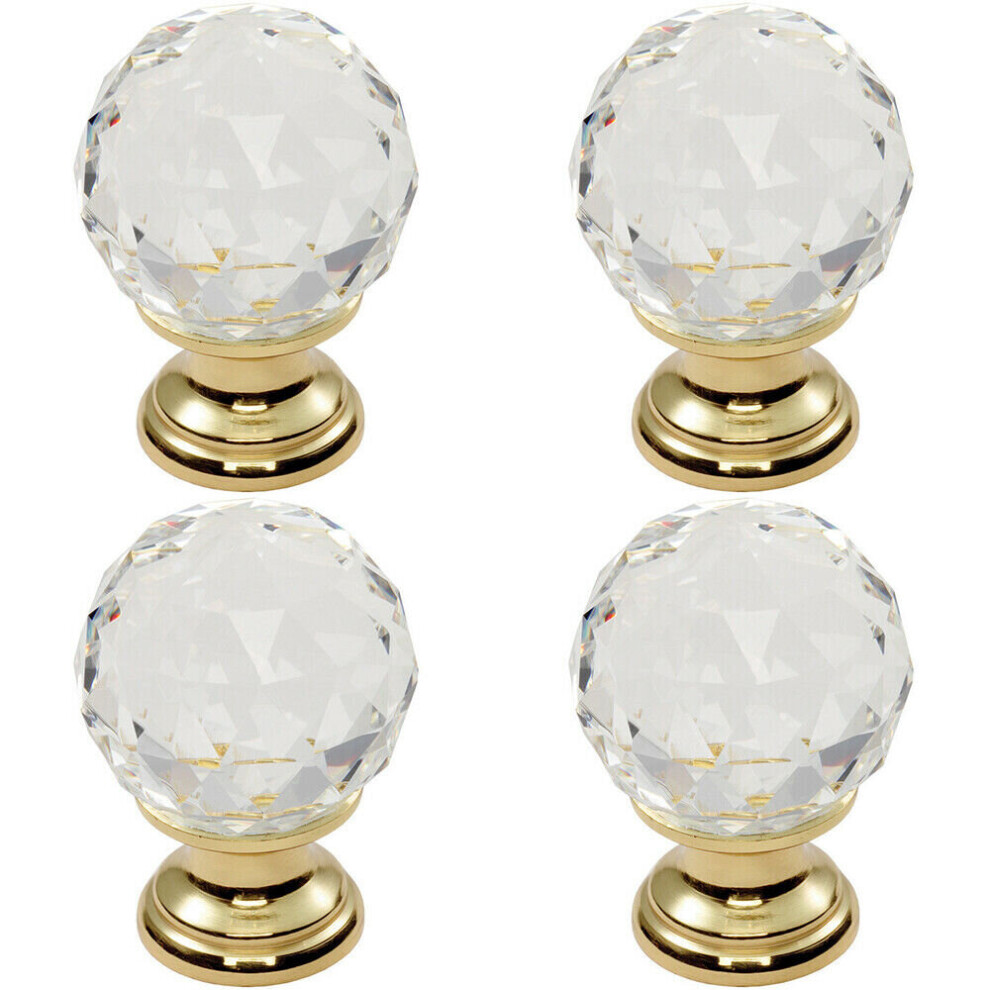 4x Faceted Crystal Cupboard Door Knob 35mm Dia Polished Brass Cabinet Handle