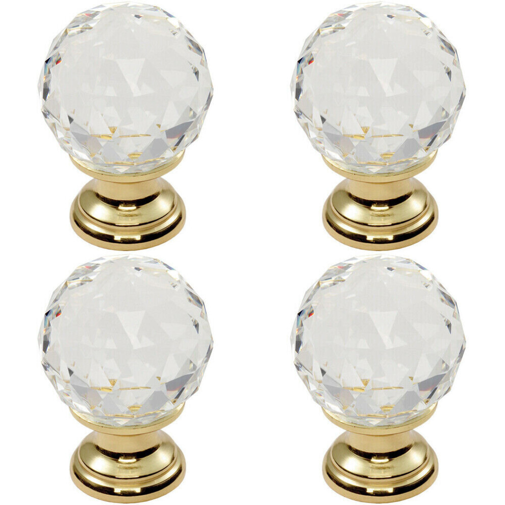 Loops 4X Faceted Crystal Cupboard Door Knob 35Mm Dia Polished Brass Cabinet Handle