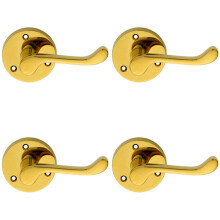 4x PAIR Victorian Scroll Lever on 58mm Round Rose Polished Brass Door Handle