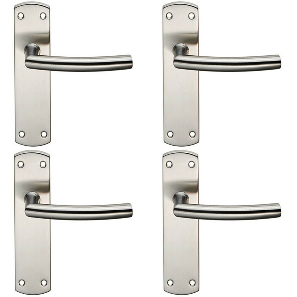 4x Curved Bar Lever Door Handle on Latch Backplate 172 x 44mm Satin Steel