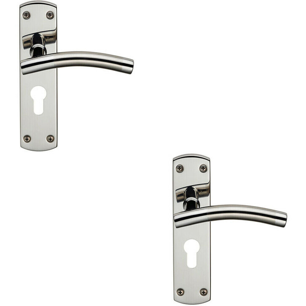 2x Curved Lever on Euro Lock Backplate Handle 172 x 44mm Polished & Satin Steel