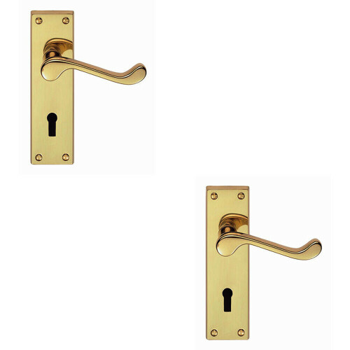 Loops 2x PAIR Victorian Scroll Handle on Lock Backplate 150 x 43mm Polished Brass