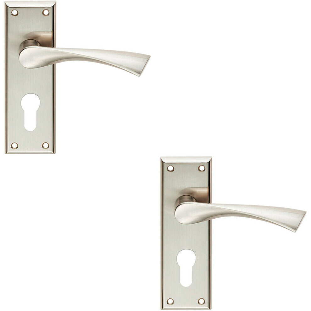 2X Pair Angular Lever On Euro Lock Backplate Handle 150 X 50Mm Satin Nickel 5056492592726