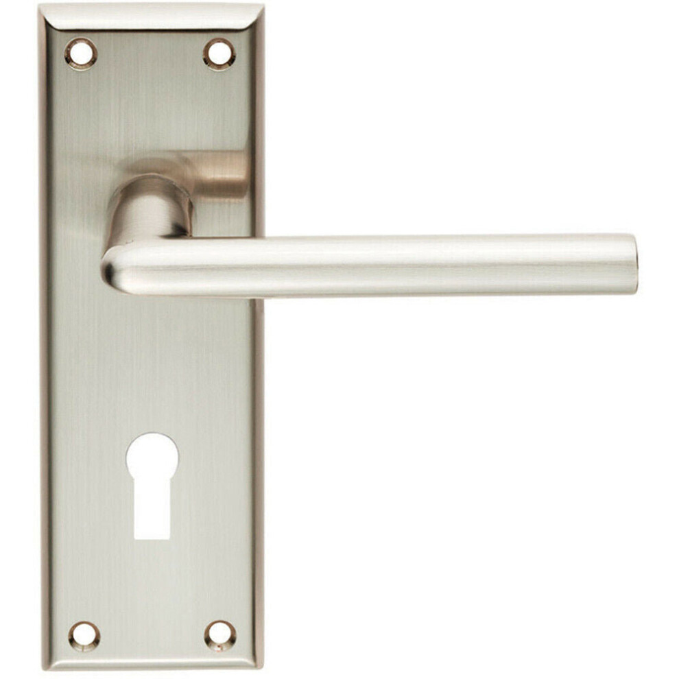 Pair Rounded Lever On Lock Backplate Door Handle 150 X 50Mm Satin Nickel