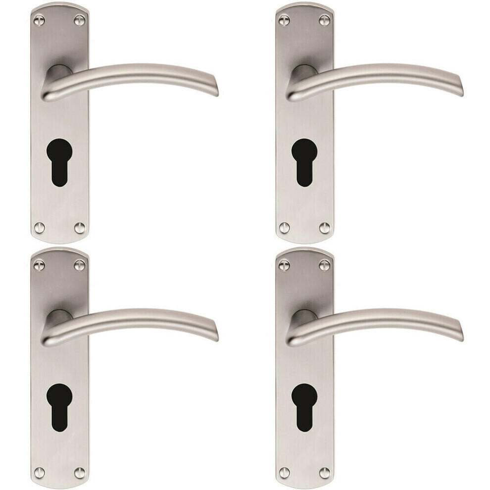 4x Arched Lever on Euro Lock Backplate Door Handle 170 x 42mm Satin Chrome