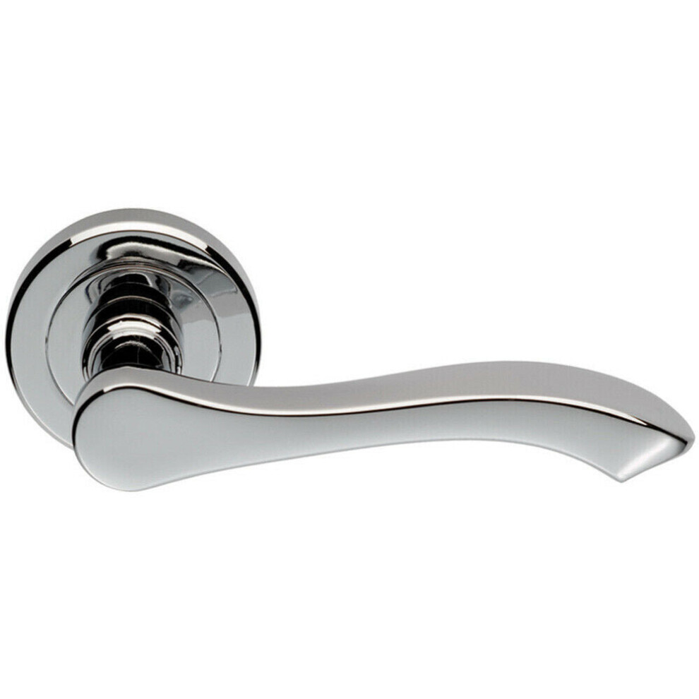 Pair Scroll Shaped Handle On Chamfered Edged Round Rose Polished Chrome