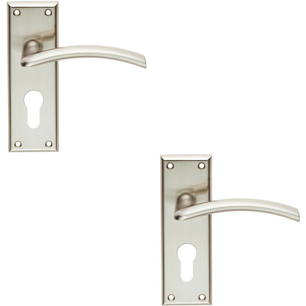 2x PAIR Arched Lever on Euro Lock Backplate Door Handle 150 x 50mm Satin Nickel