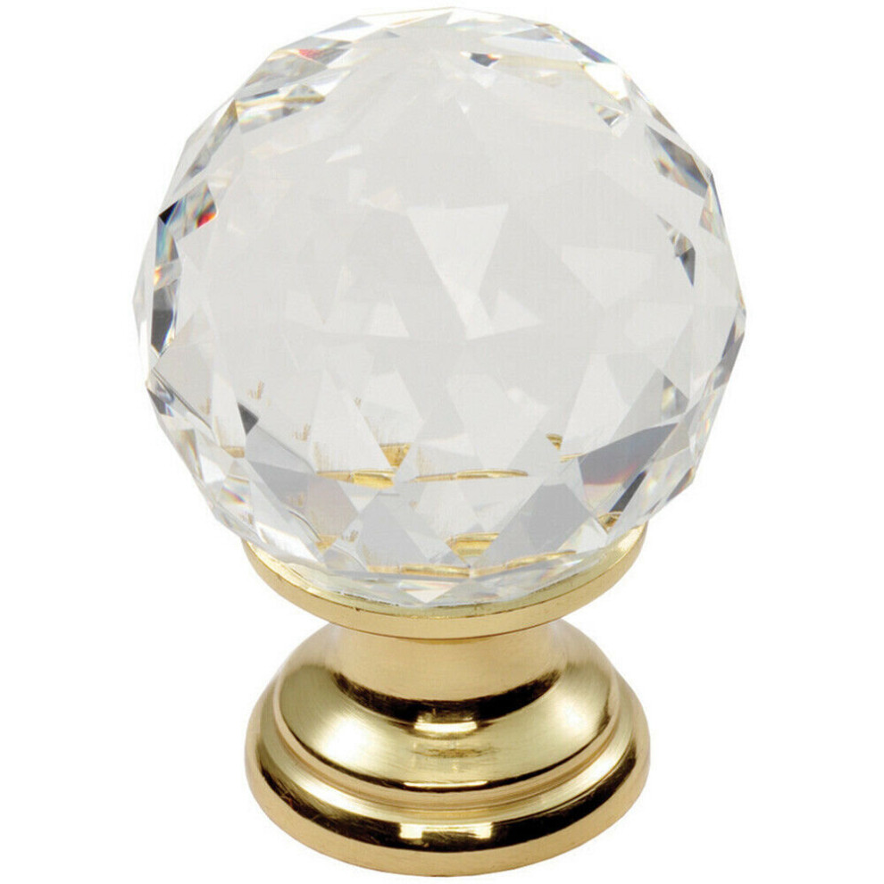 Faceted Crystal Cupboard Door Knob 35mm Dia Polished Brass Cabinet Handle