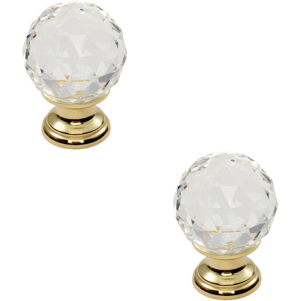 Loops 2X Faceted Crystal Cupboard Door Knob 40Mm Dia Polished Brass Cabinet Handle