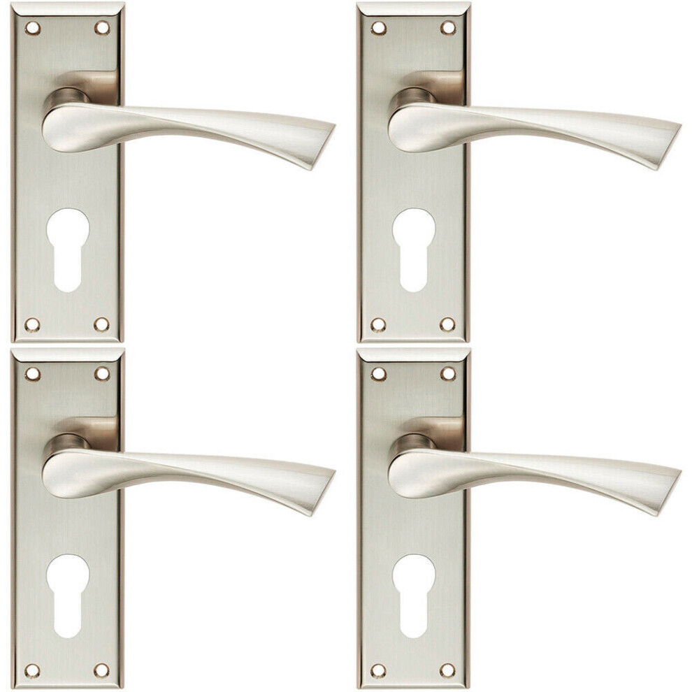 4X Pair Angular Lever On Euro Lock Backplate Handle 150 X 50Mm Satin Nickel 5056524206195