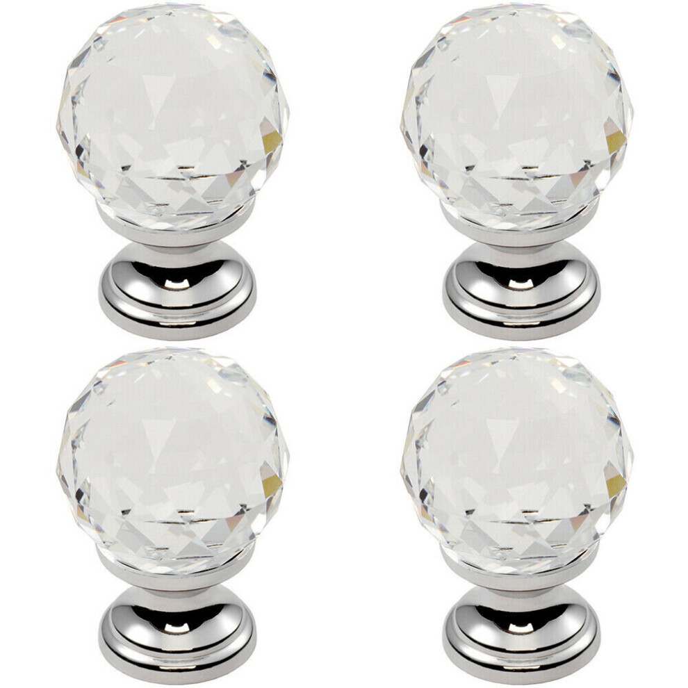 4x Faceted Crystal Cupboard Door Knob 35mm Dia Polished Chrome Cabinet Handle