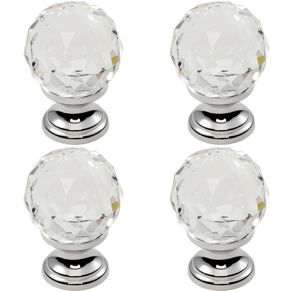 2X Faceted Crystal Cupboard Door Knob 35Mm Dia Polished Chrome Cabinet Handle